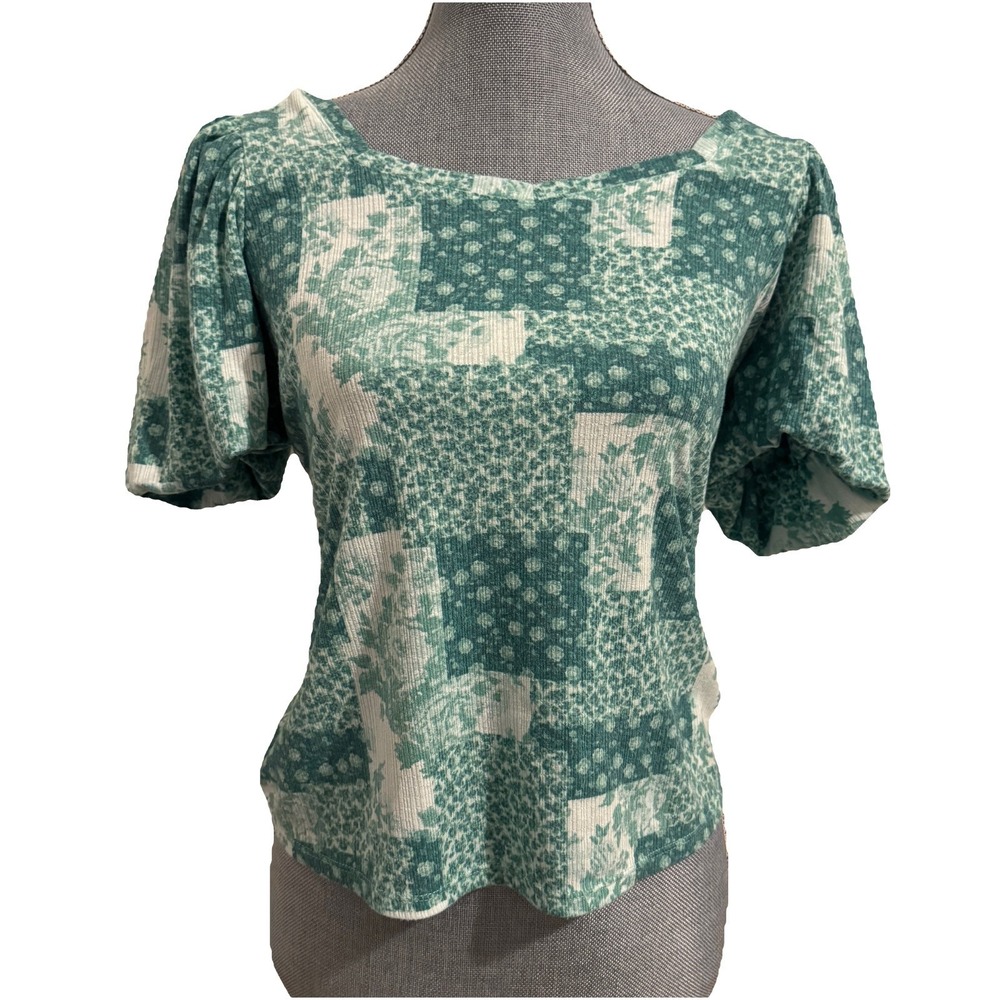 Lauren Conrad Puff Sleeve Top XS Green Patchwork Floral Cottagecore Romantic